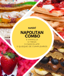 NAPOLITAN COMBO: 5 WAFFLES VAINILLA + 5 WAFFLES FRESA + 5 WAFFLES CHOCOLATE + 5 WAFFLES QUEQUE CUMPLEAÑOS