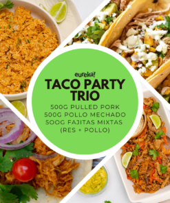 TACO PARTY TRIO: 500g fajitas mixtas (res y pollo) + 500g pulled pork + 500g pollo mechado
